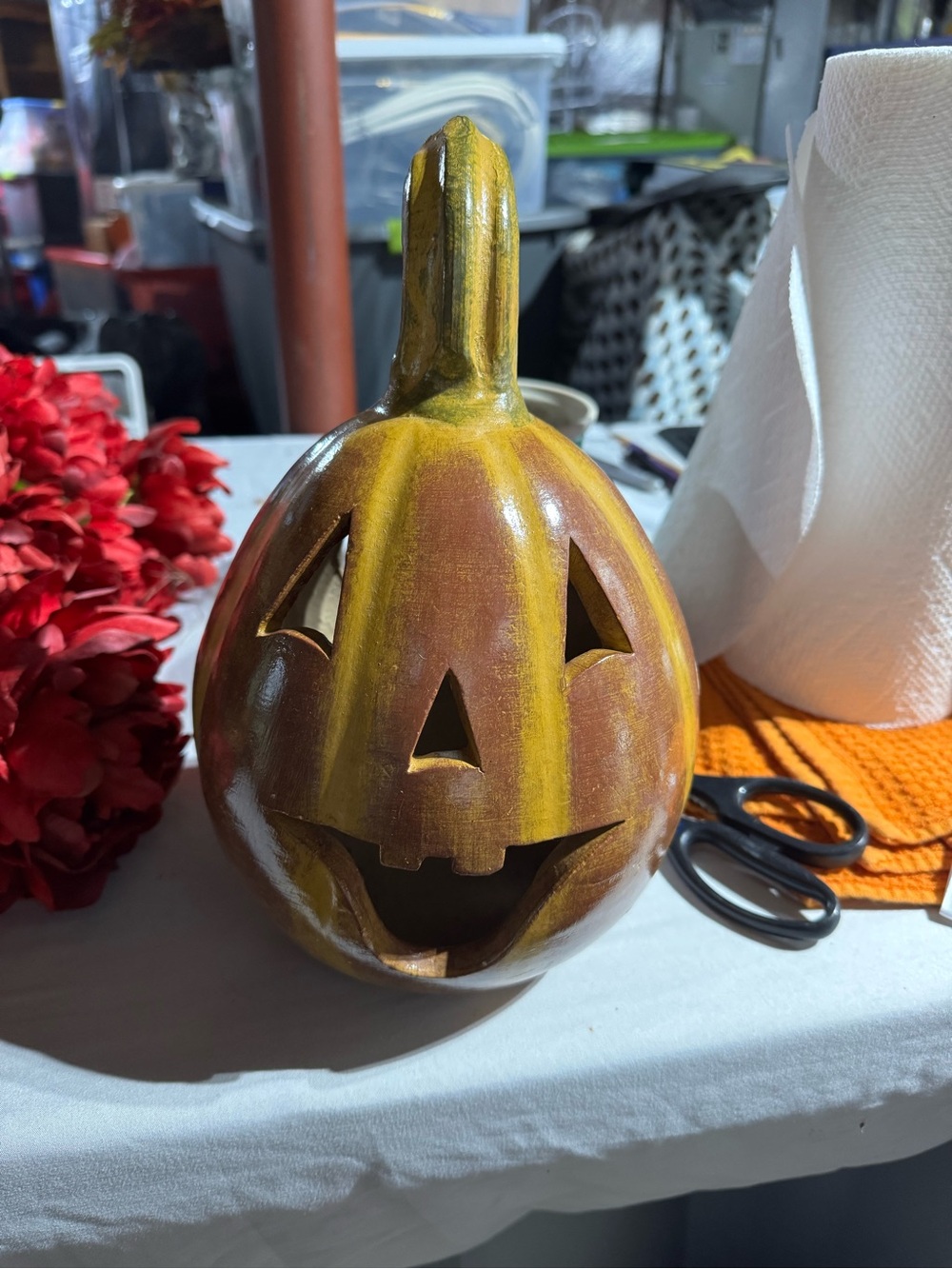 Hand-Painted Ceramic Jack-O'-Lantern Pumpkin - Brown & Olive